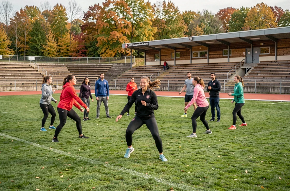 Étudiante en formation sport et animation dirigeant un échauffement sur le terrain du CREPS Bourgogne-Franche-Comté