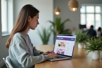 Jeune femme débutante sur Canva face à des erreurs de mise en page sur son ordinateur portable dans un espace de coworking