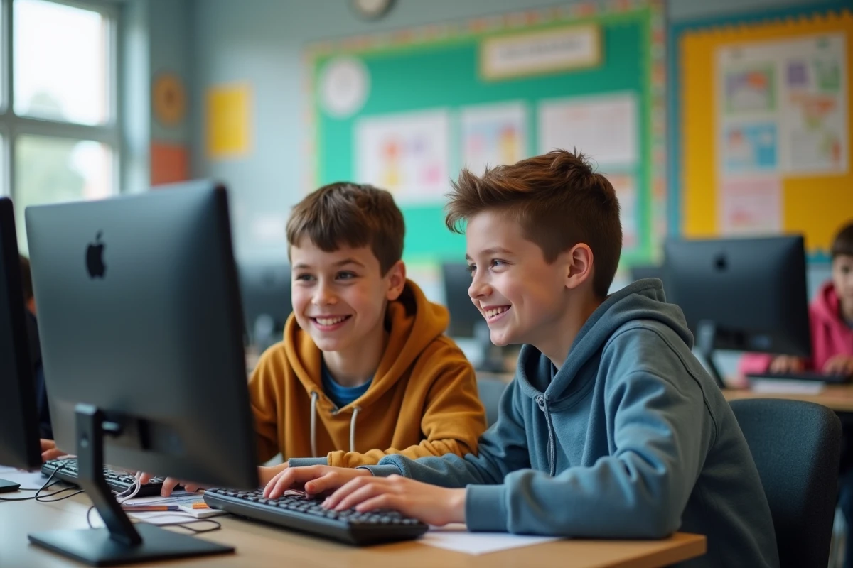 Deux garçons de 14 ans souriants devant leurs écrans d
