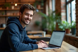 Jeune développeur web en alternance travaillant sur son portfolio numérique dans un espace de coworking moderne
