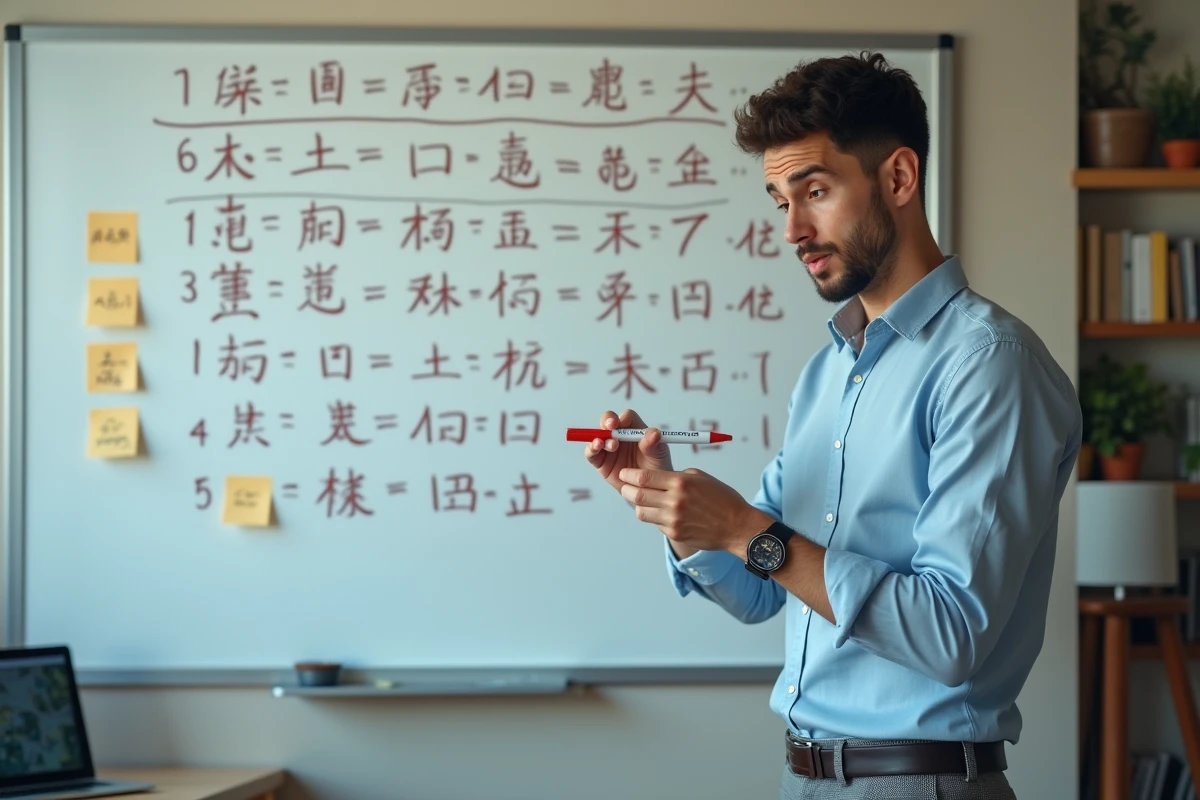 Homme dépassé face à un tableau blanc couvert de caractères chinois avec tons et pinyin, illustrant la difficulté d'apprentissage du mandarin