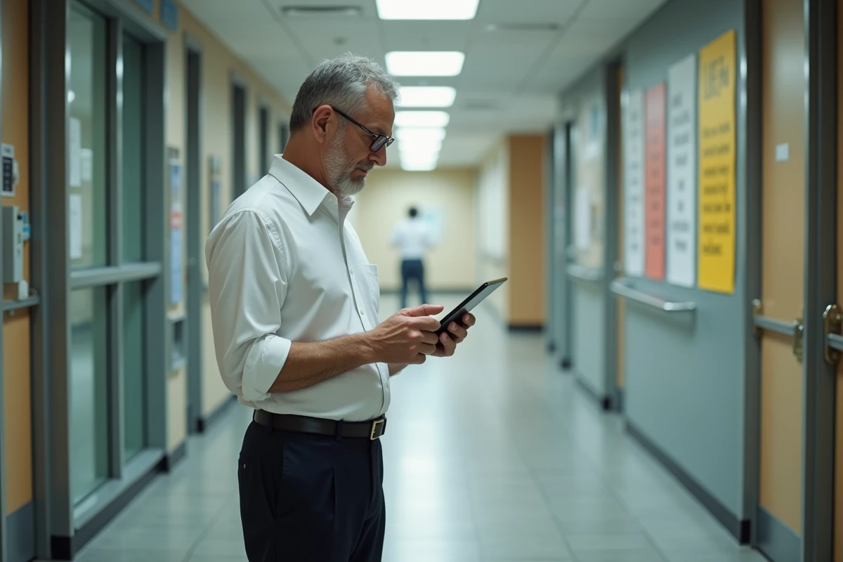Directeur d'école consultant ses emails académiques sur une tablette dans un couloir d'établissement scolaire