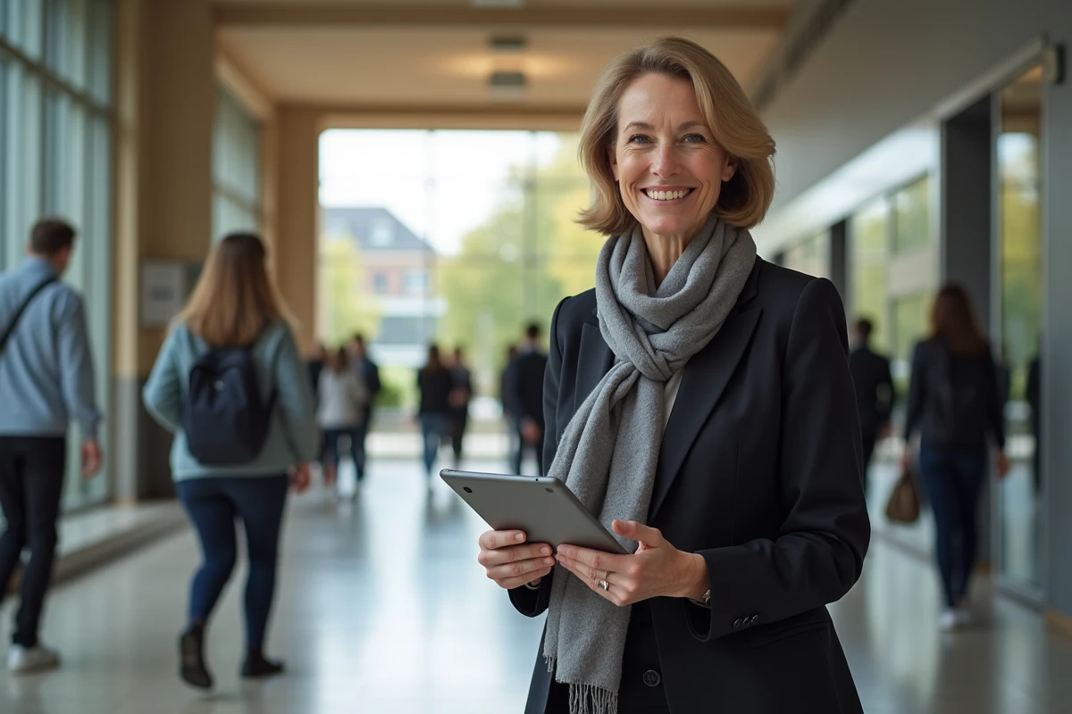 Directrice scolaire accueillant un élève à l