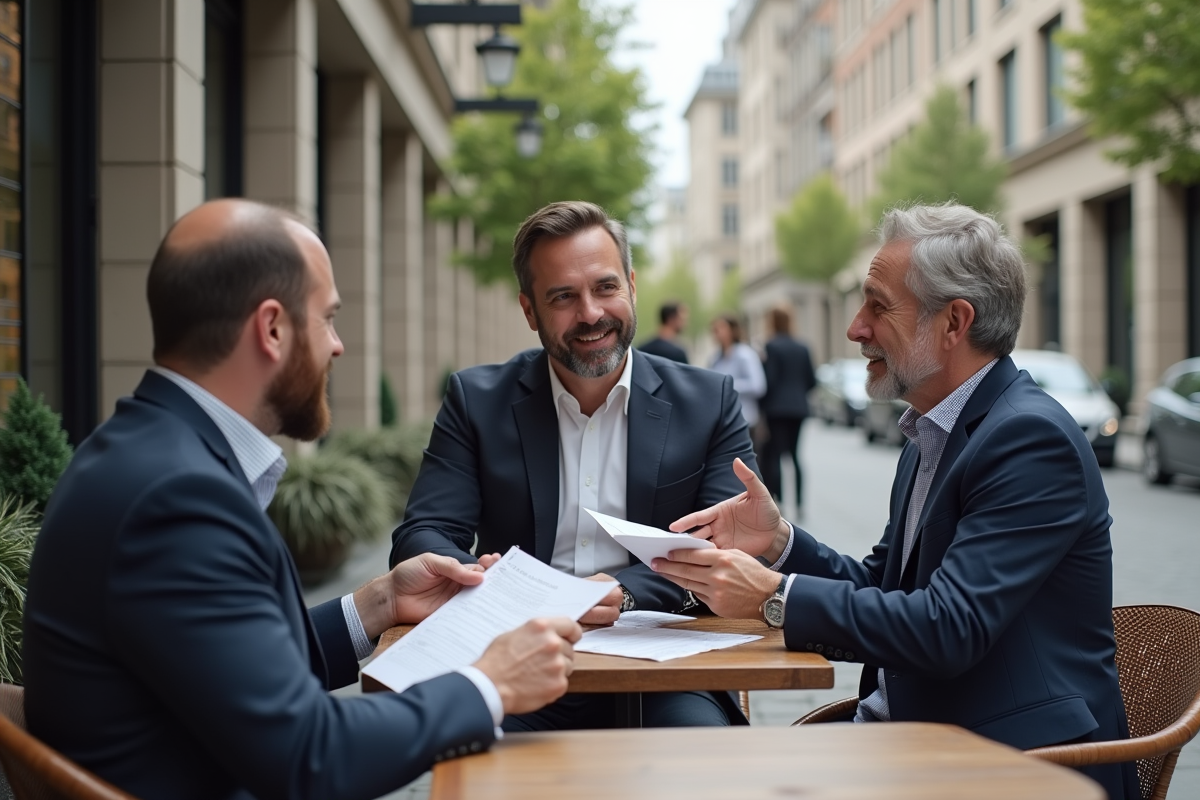 Groupe de professionnels en discussion en extérieur