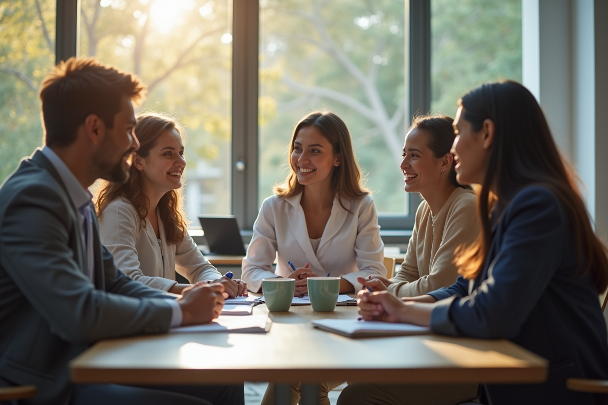 Groupe de formateurs en discussion dans un centre de formation