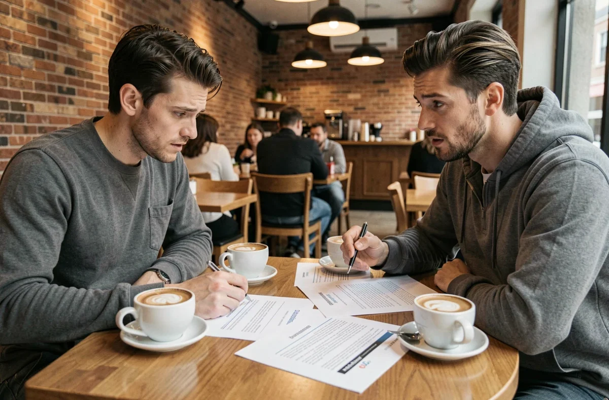 Deux professionnels discutant des vraies limites d'un abonnement email de formation marketing autour de documents dans un café