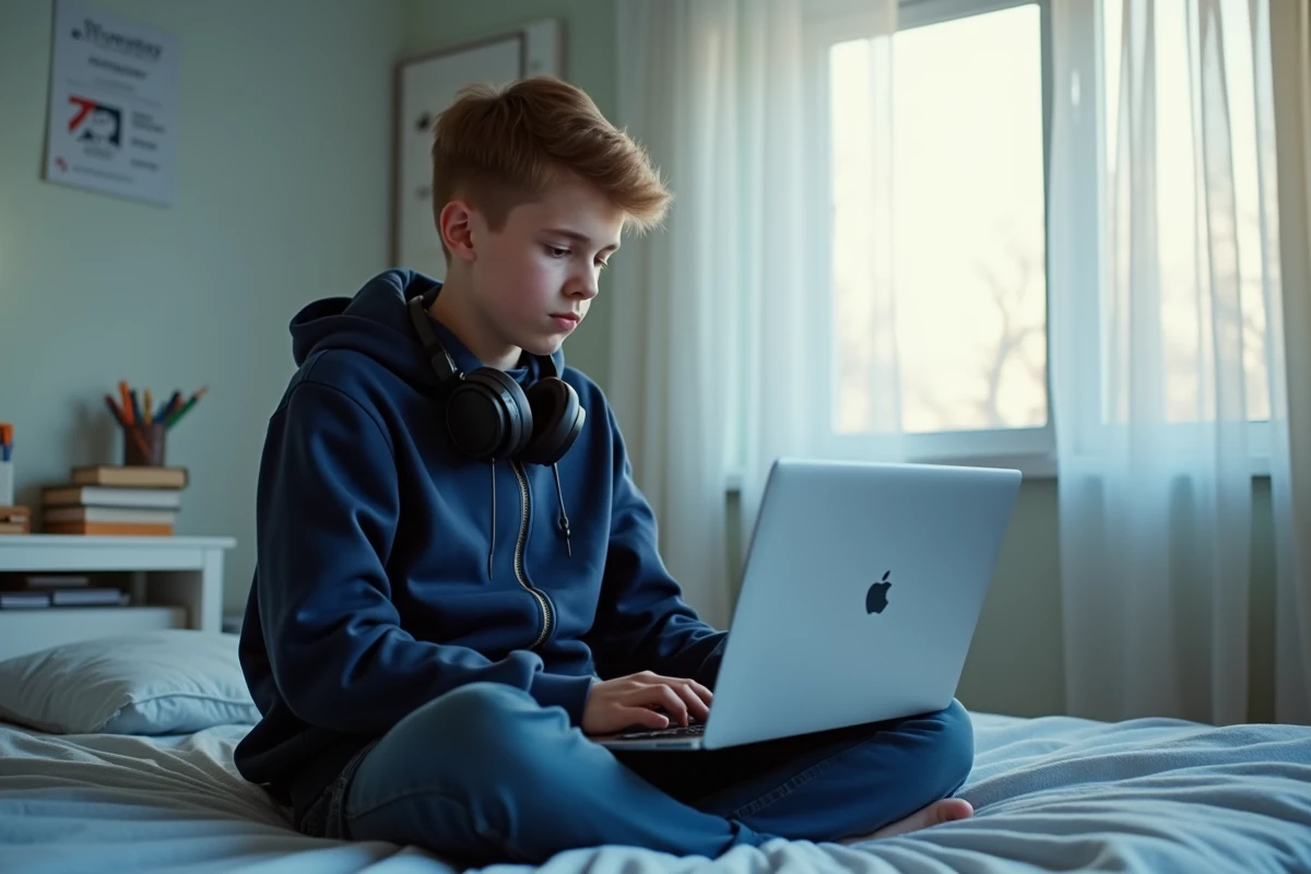 Adolescent consultant l'ENT scolaire depuis sa chambre sur un ordinateur portable