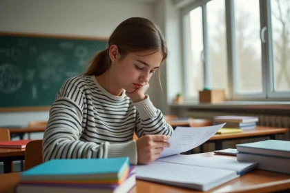 Jeune lycéen français concentré sur sa fiche de notes dans une salle lumineuse