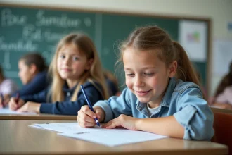 Deux élèves de collège concentrés en classe avec tableau et posters