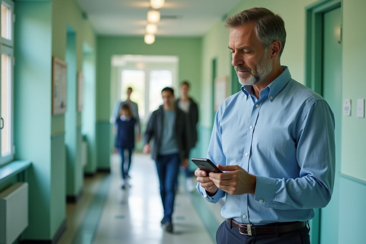 Enseignant consultant le portail edu Normandie sur iPhone dans un couloir de lycée