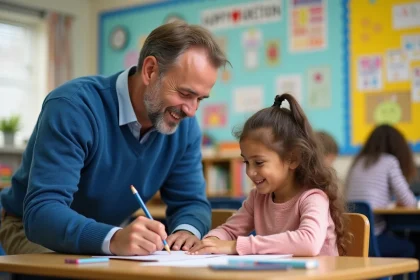 Professeur d'école primaire aidant une élève dans la classe