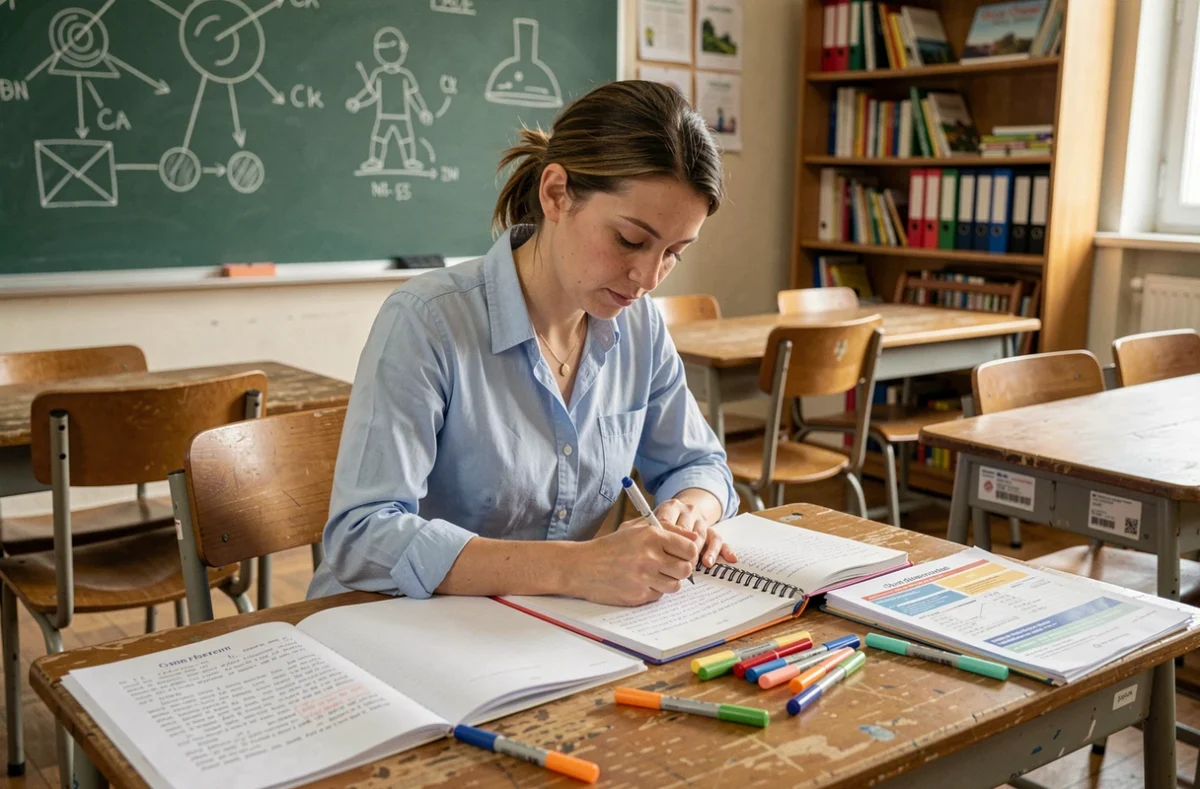 Enseignante du primaire rédigeant son cahier de préparation de séances pédagogiques dans une salle de classe française