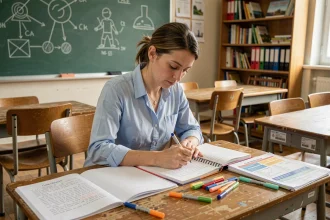Enseignante du primaire rédigeant son cahier de préparation de séances pédagogiques dans une salle de classe française