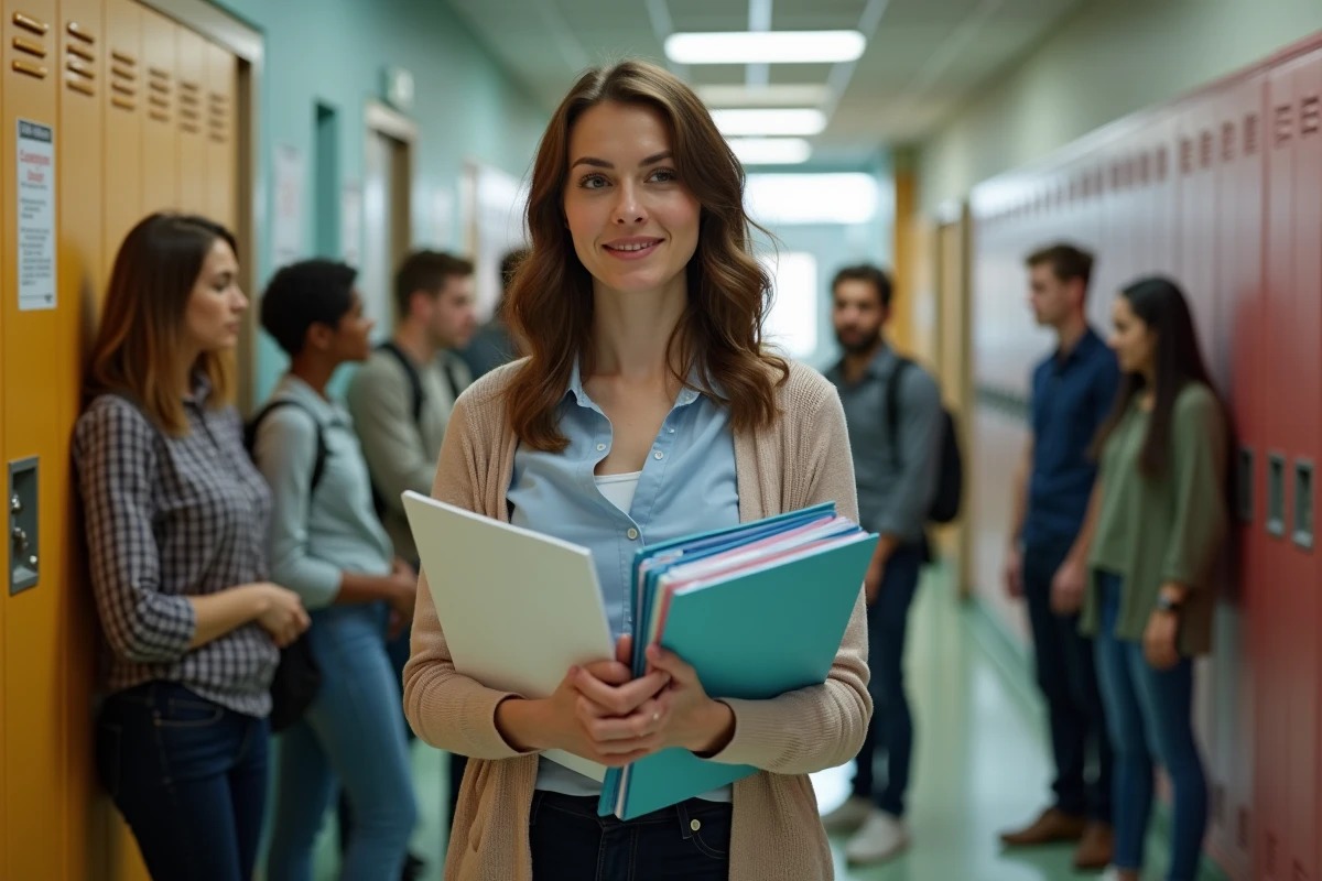Professeure expliquant aux parents dans un couloir scolaire