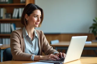Professeure assise à son bureau en classe moderne