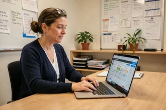Enseignante utilisant le portail Ecole Direct sur son ordinateur portable dans une salle des professeurs