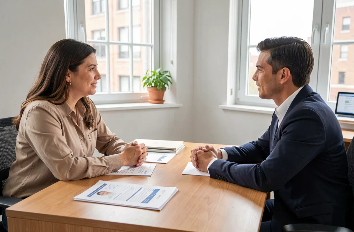 Entretien de recrutement dans un bureau avec un CV sur la table
