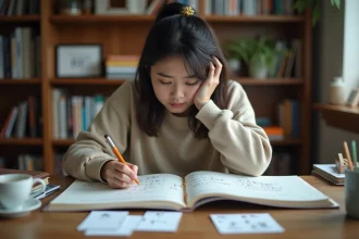 Étudiante frustrée face à l'apprentissage des caractères japonais, cahier rempli de tentatives d'écriture sur un bureau encombré de manuels