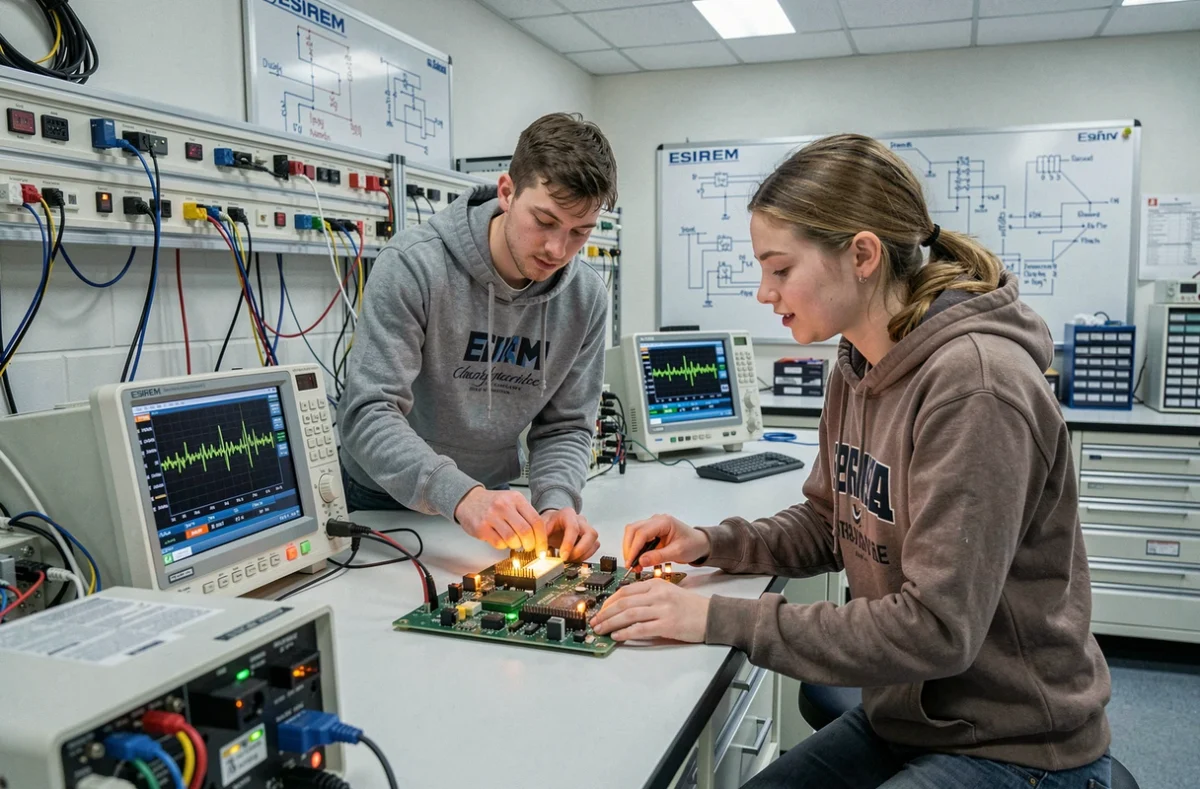 Deux étudiants ingénieurs travaillant sur un circuit électronique dans le laboratoire de l'ESIREM Dijon