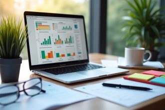 Espace de travail professionnel avec graphiques colorés et outils d evaluation