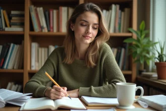 Jeune femme étudiant les temps de l'indicatif français avec des livres de grammaire et des notes manuscrites sur un bureau en bois