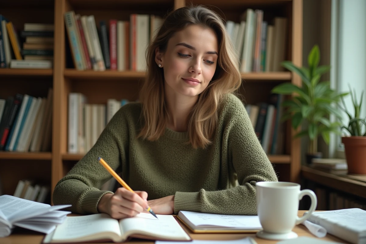 Jeune femme étudiant les temps de l'indicatif français avec des livres de grammaire et des notes manuscrites sur un bureau en bois