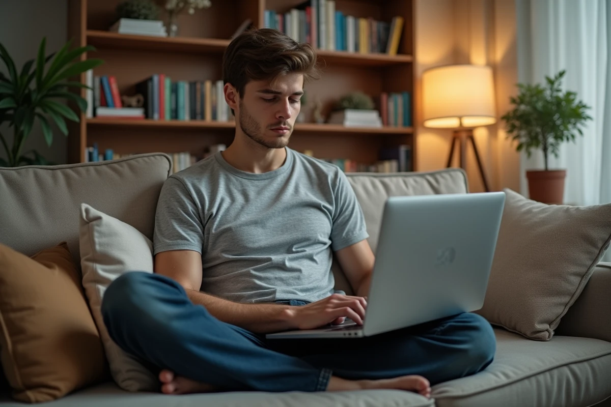Étudiant en alternance développeur web travaillant sur son portfolio depuis son espace de travail personnel à domicile