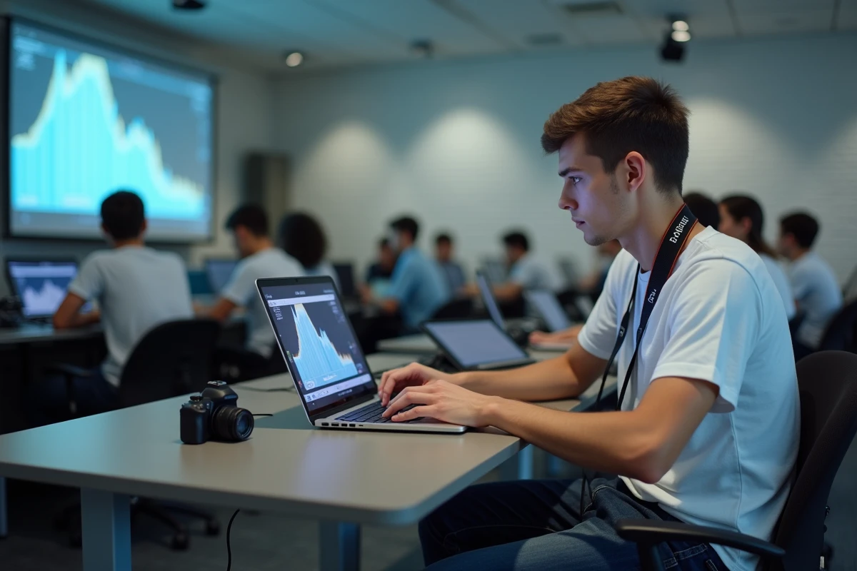 Étudiant en cours de photographie analysant des images sur un ordinateur portable dans une salle de classe moderne