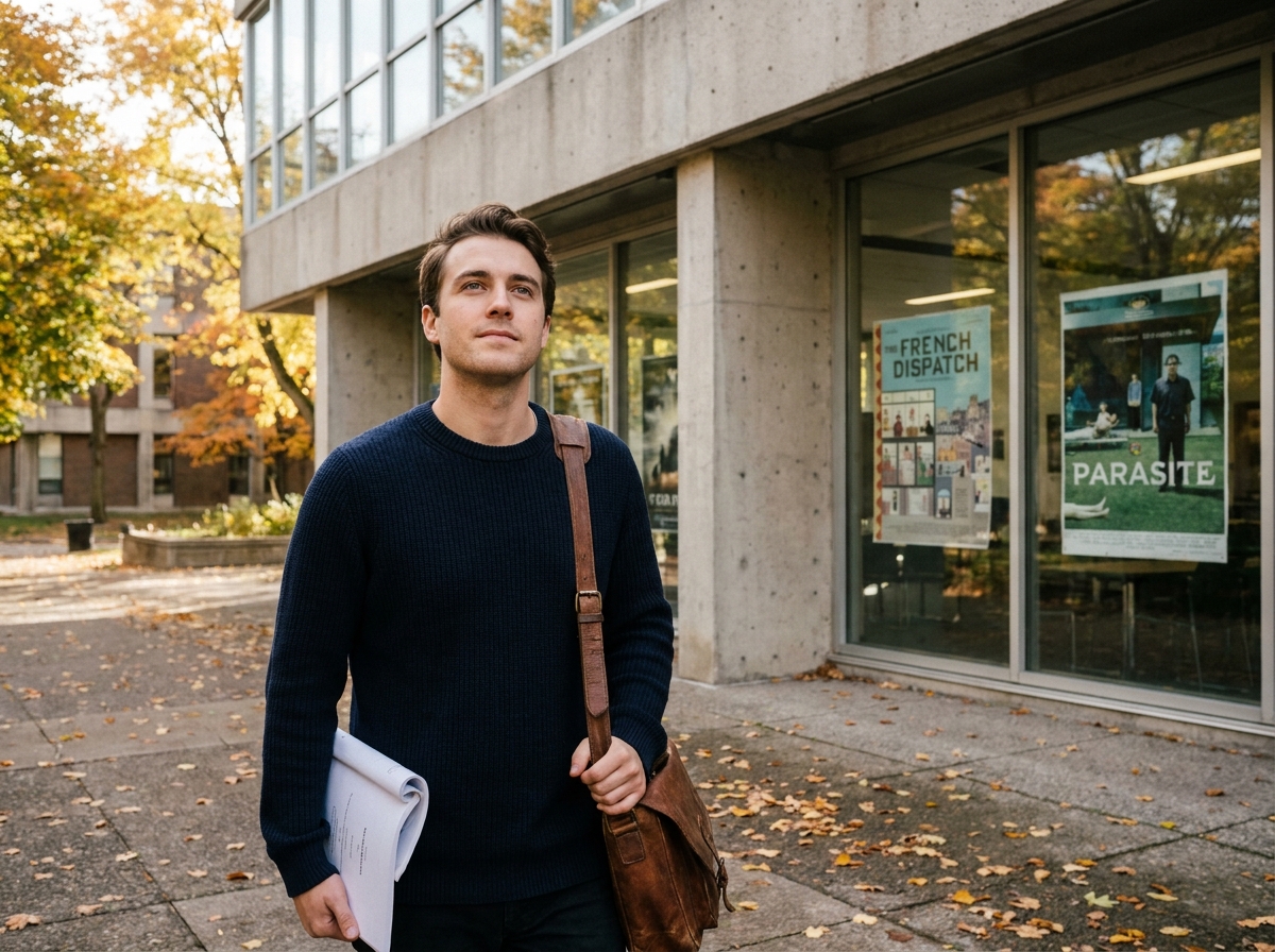 Jeune étudiant en école de cinéma marchant sur un campus moderne avec un scénario sous le bras, ambiance automnale