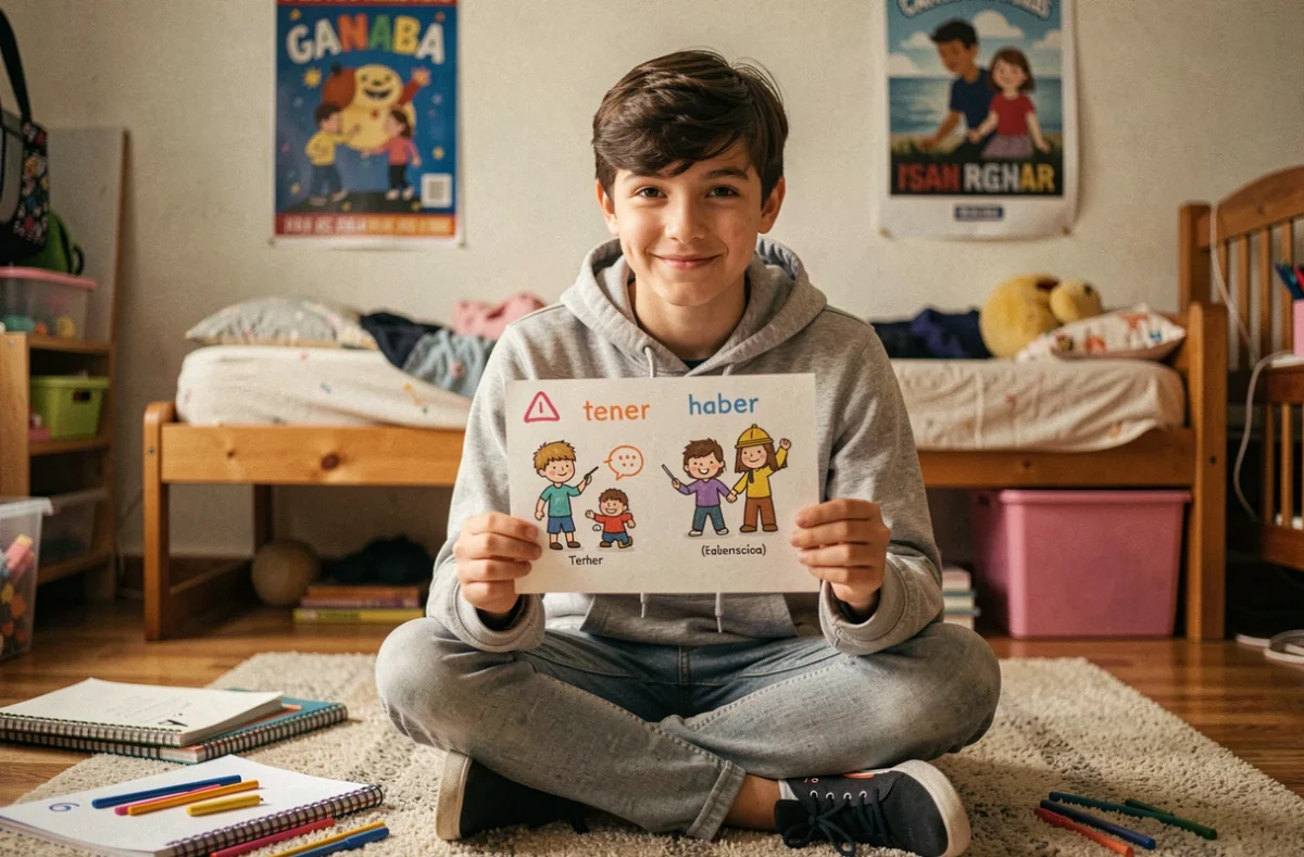 Adolescent utilisant des fiches mnémotechniques illustrées pour mémoriser visuellement les verbes espagnols tener et haber