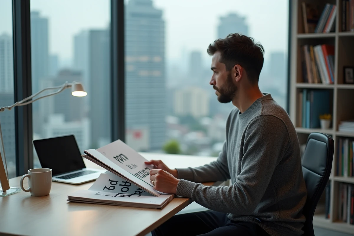 Étudiant en design consultant son portfolio dans une salle d'étude moderne avec vue sur la ville