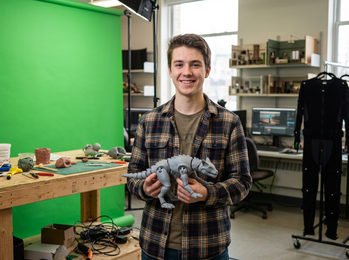 Etudiant avec modèle 3D dans un laboratoire de media