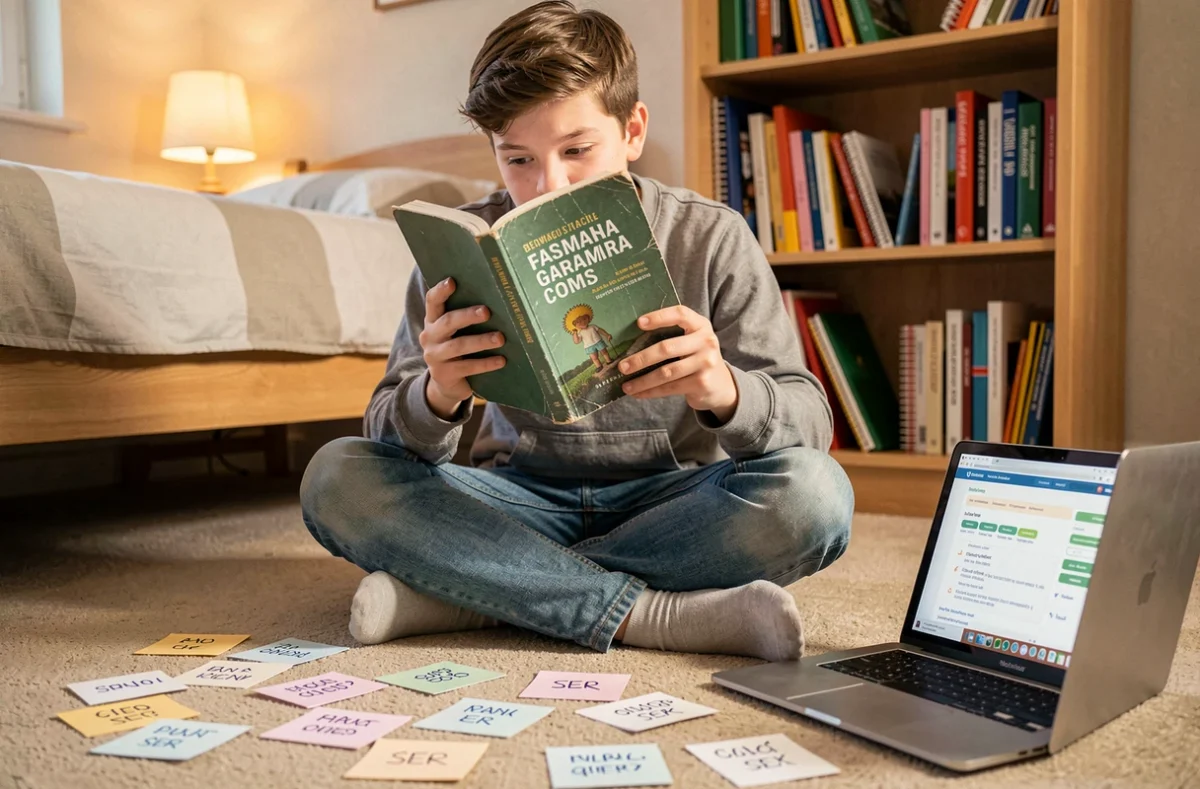 Adolescent étudiant les expressions avec le verbe SER en espagnol entouré de fiches de révision dans sa chambre