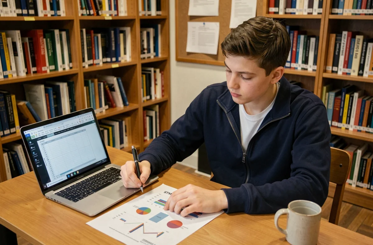 Étudiant STMG annotant un tableau de caractérisation imprimé à côté d'un ordinateur portable en bibliothèque scolaire