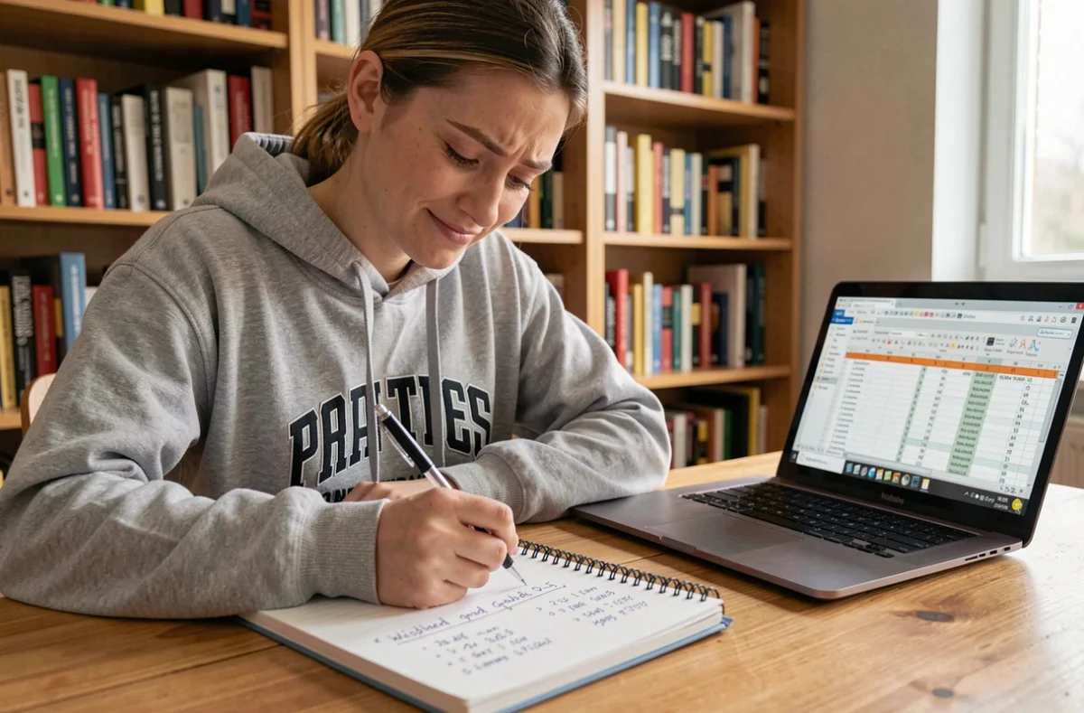 Étudiante calculant une moyenne avec coefficients dans un carnet sur un bureau en bois