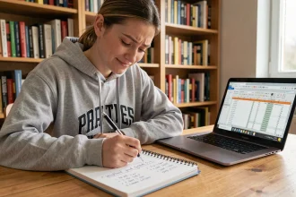 Étudiante calculant une moyenne avec coefficients dans un carnet sur un bureau en bois