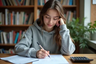 Étudiante calculant sa moyenne pondérée avec des feuilles de notes et une calculatrice sur un bureau en bois
