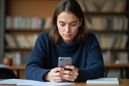 Étudiante connectée au portail edu Normandie sur smartphone Android dans sa chambre universitaire