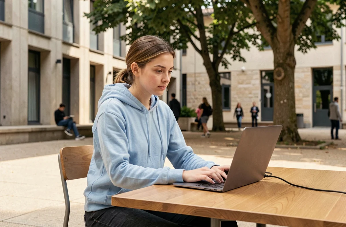 Étudiante connectant son ordinateur portable au wifi de l'université d'Angers dans la cour du campus avant la rentrée