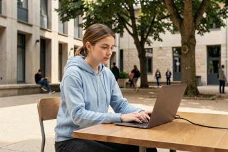Étudiante connectant son ordinateur portable au wifi de l'université d'Angers dans la cour du campus avant la rentrée