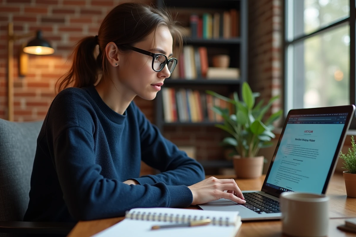 Étudiante universitaire suivant un cours hybride en distanciel sur Moodle depuis son bureau à domicile