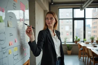 Étudiante en design et innovation présentant ses idées sur un tableau blanc dans un studio créatif moderne