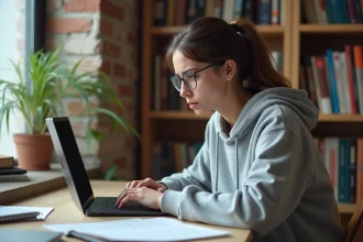 Étudiante frustrée face à une erreur de connexion sur le portail universitaire Neomagora NEOMA sur son ordinateur portable
