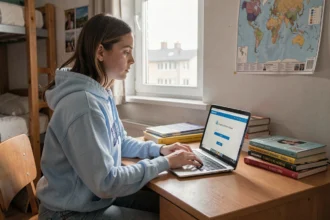 Étudiante en échange universitaire accédant à l'extranet de son école depuis sa chambre à l'étranger sur un ordinateur portable