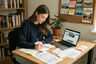 Étudiante remplissant sa fiche de suivi Parcoursup à son bureau avec des documents de réorientation