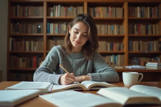 Étudiante prenant des notes manuscrites sur les connecteurs logiques pour un commentaire composé dans une bibliothèque universitaire