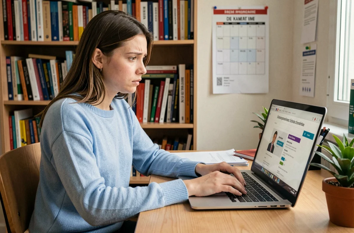 Étudiante connectée au portail Cyclade ou SIEC sur son ordinateur portable dans sa chambre d'étudiant