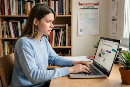 Étudiante connectée au portail Cyclade ou SIEC sur son ordinateur portable dans sa chambre d'étudiant