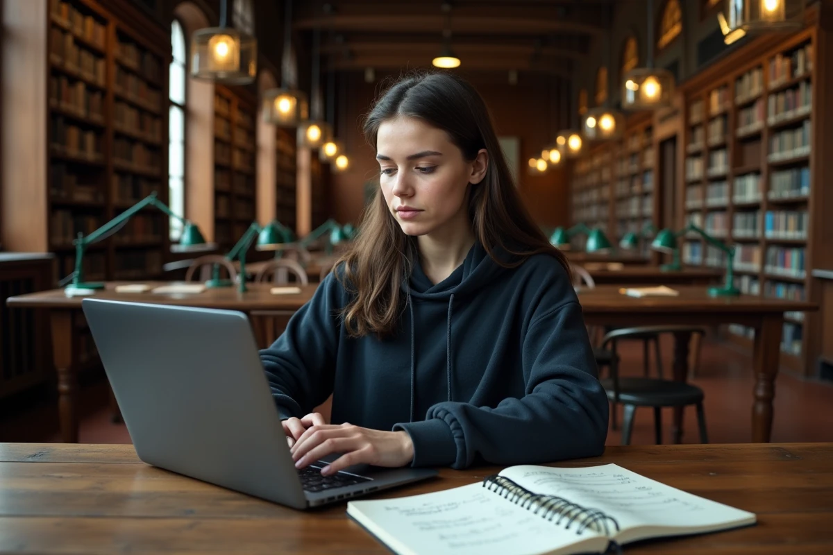 Étudiante universitaire apprenant les temps de l'indicatif français en bibliothèque avec un ordinateur portable et un cahier de notes