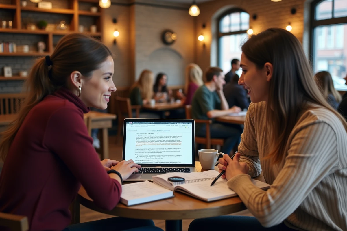 Deux étudiantes collaborant sur un commentaire composé dans un café, avec des listes de mots connecteurs visibles sur ordinateur et cahier